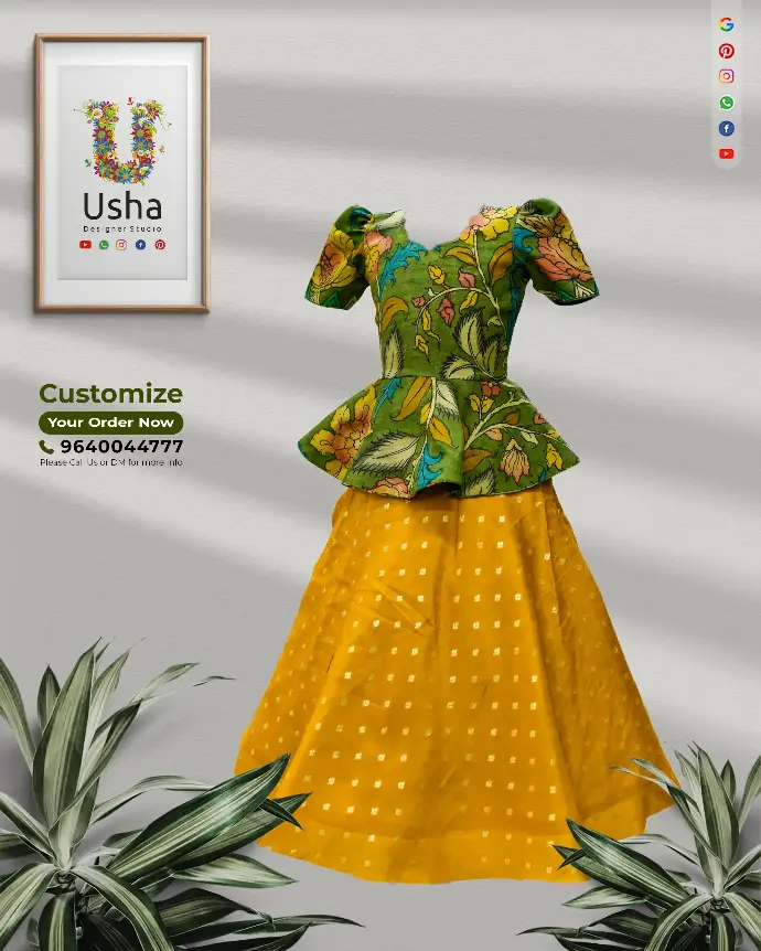 Kalamkari Peplum Crop Top Lehenga Kids’ peplum crop top lehenga featuring a Kalamkari printed blouse with scalloped neckline and butta sleeves, paired with a mustard yellow Banaras lehenga with golden butti and wide flare.