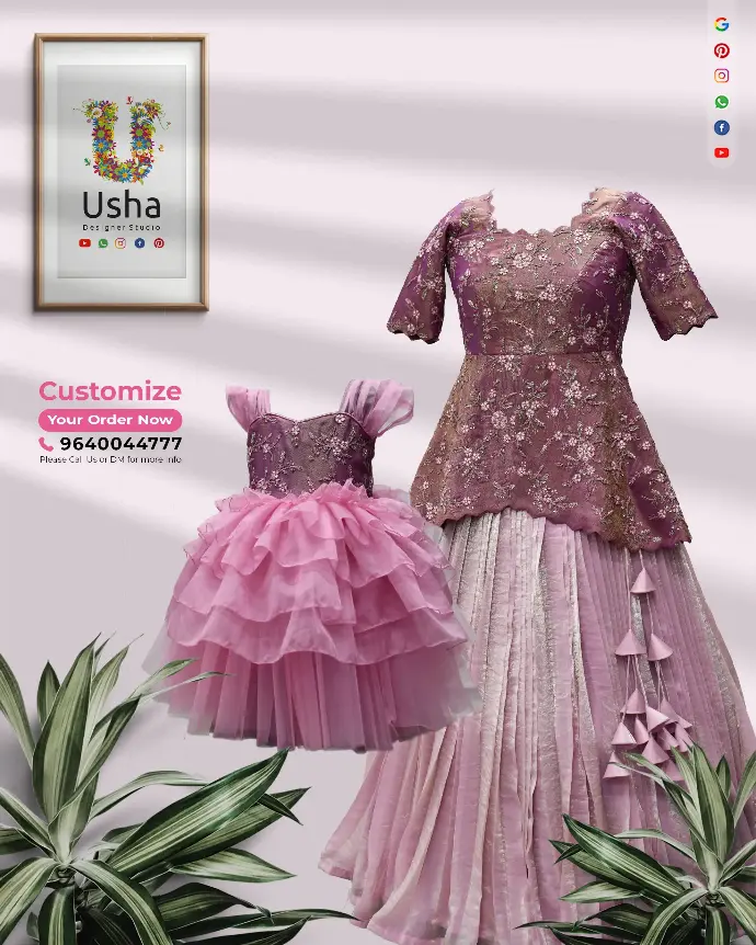Mom & Daughter Peplum Croptop Lehenga Combo Peach mother-daughter designer peplum croptop lehenga combo featuring scalloped tissue organza cholis with floral embroidery and pleated space silk lehengas with handcrafted latkans by Usha Designer Studio.