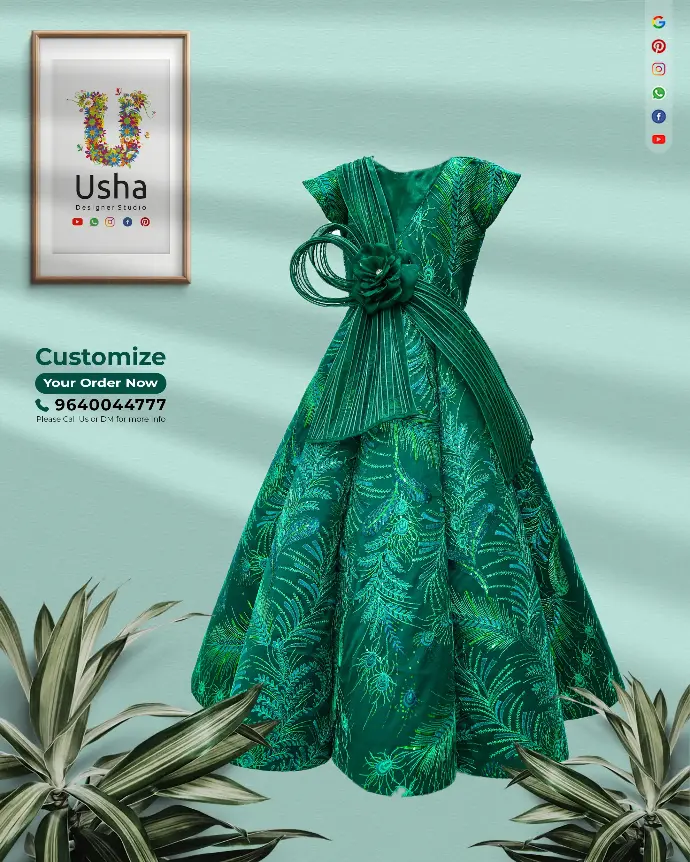 Peacock-Inspired Kids Ball Gown in Regal Waves Emerald green kids ball gown with peacock-style embroidery, sequin and bead embellishments, and a sculpted waist with handcrafted flower and ribbon detailing by Usha Designer Studio.