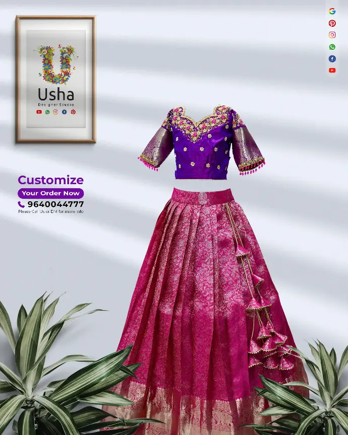 Kids Magenta Kanchi Pattu Croptop Lehenga with Exquisite Aari Embroidery Kids magenta Kanchi Pattu croptop lehenga with zari border and sweetheart neck choli, featuring intricate Aari work and handcrafted latkans by Usha Designer Studio.