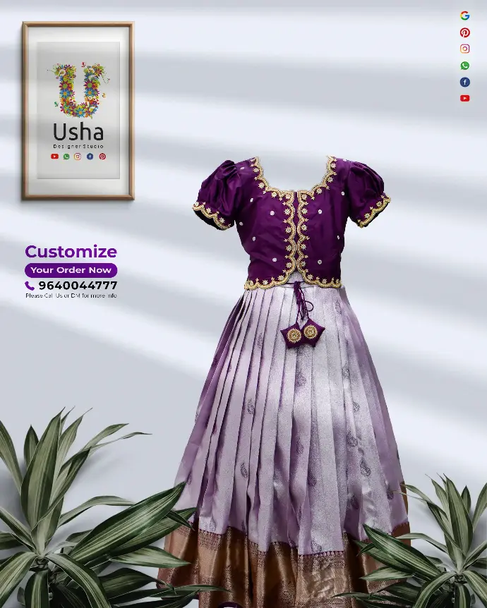 Royal Purple Designer Kids Croptop Lehenga with Aari Work & Zari Border - A Tailor-Made Masterpiece A royal purple kids' lehenga featuring a choli blouse with intricate Aari work, French knots, beads, Zardozi, and Khardana. The lehenga is made of Kanchi Pattu silk with a zari border, hand-crafted latkans, and bespoke tailoring by Usha Designer Studio.