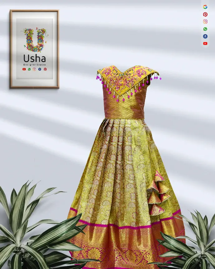 Kids Kanchi Pattu Croptop Lehenga with Majestic Aari Embroidery Kids golden Kanchi Pattu silk croptop lehenga with pink zari border and intricately embroidered choli blouse, accented with French knots, beads, and handcrafted latkans by Usha Designer Studio.