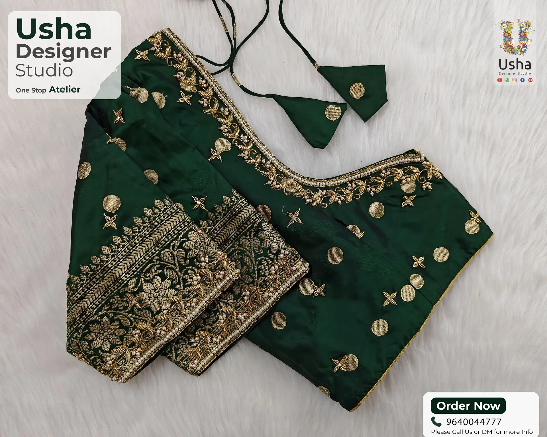Emerald green bridal blouse adorned with gold zari weaving, floral aari embroidery, and pearl embellishments – handcrafted by Usha Designer Studio