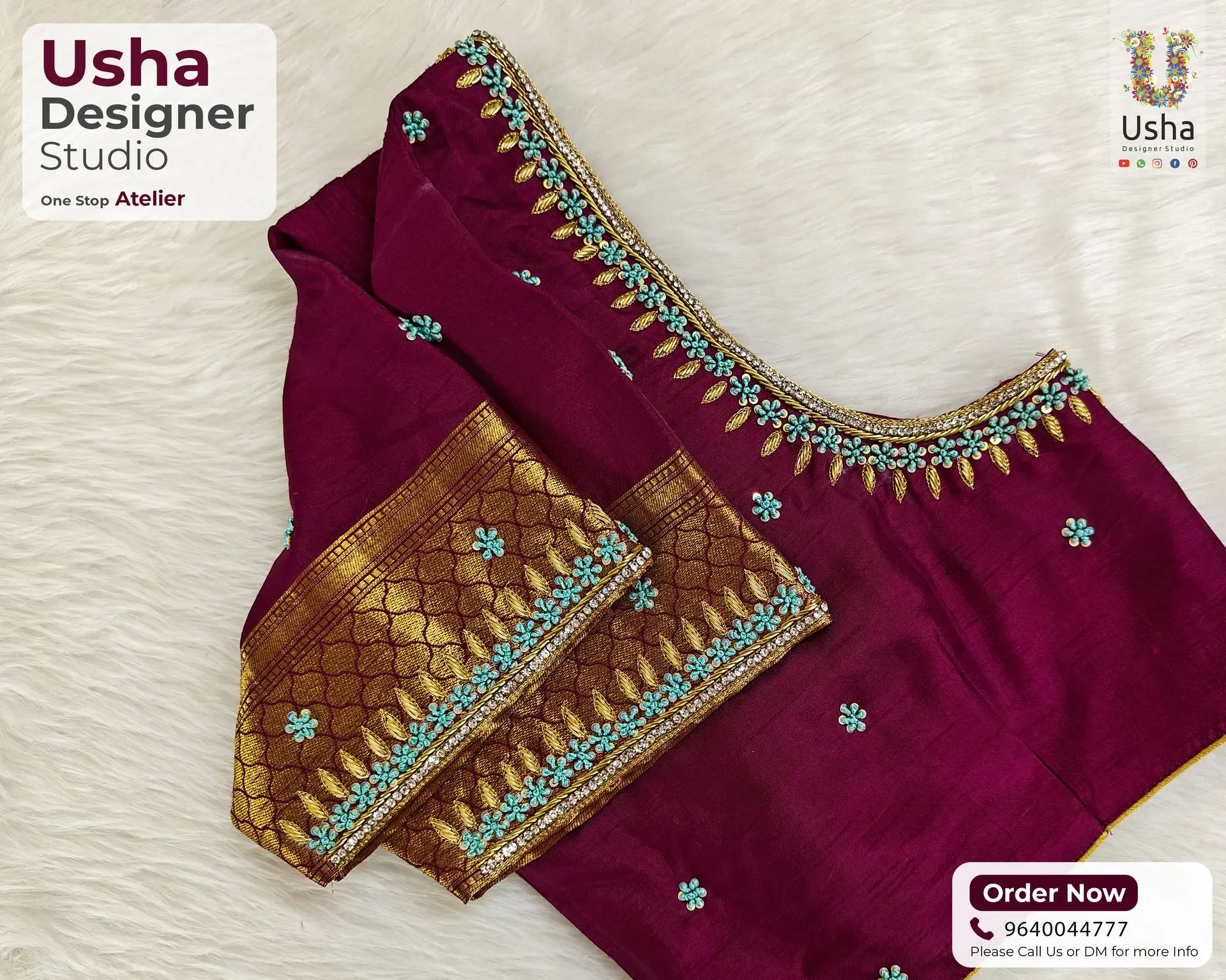 Maroon silk bridal blouse with turquoise aari floral embroidery and gold zari borders handcrafted by Usha Designer Studio