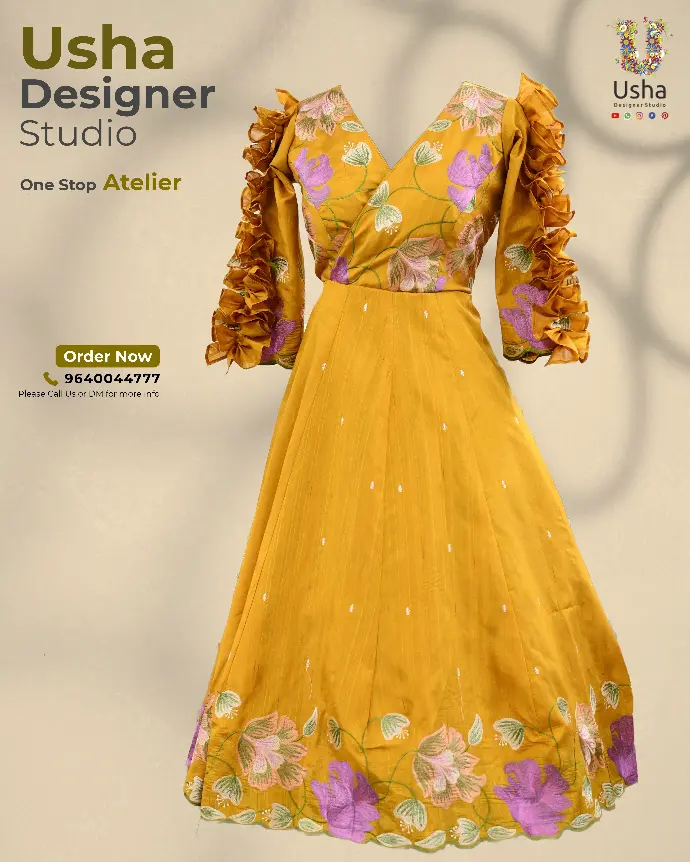 ndo-Western Frock with Pleated Sleeves and Scalloped Hem by Usha Designer Studio