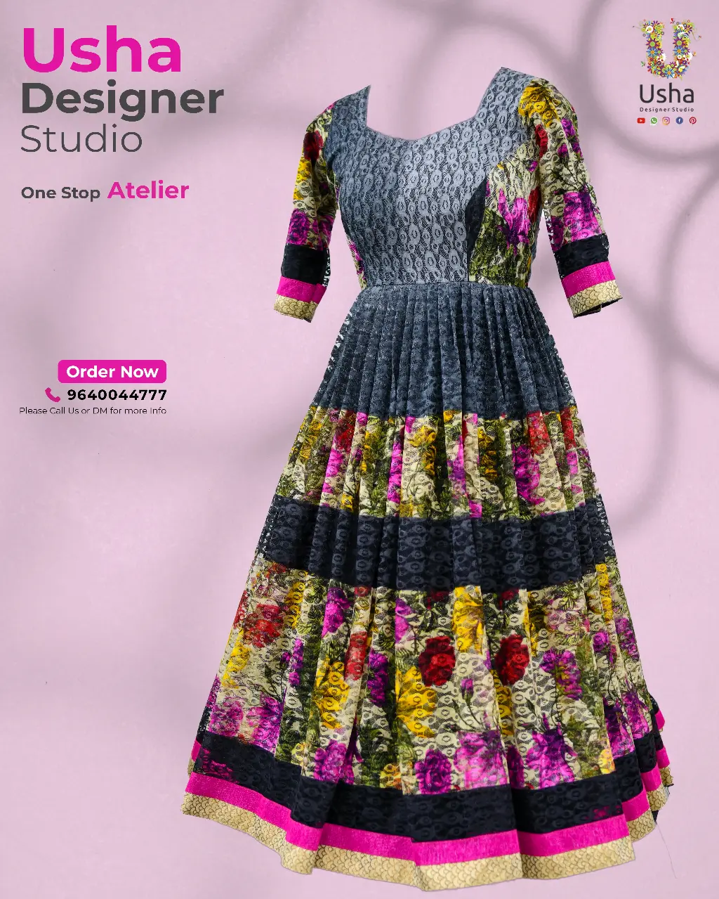 Multicolor Pleated Indo-Fusion Dress Usha Designer Studio multicolor floral Indo-fusion pleated frock with contrast pink borders