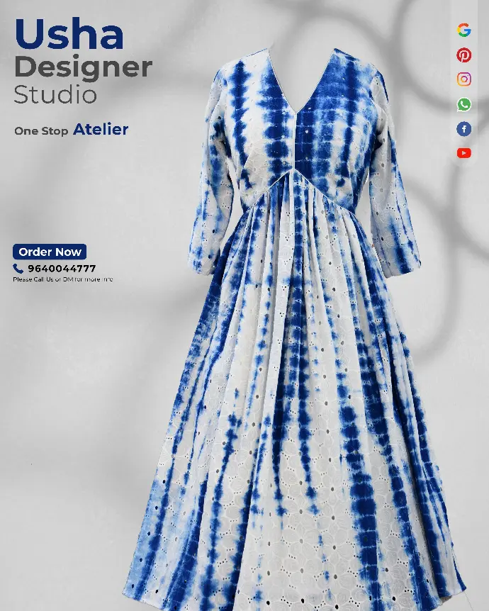 Indigo Shibori V-Cut Frock with Eyelet Detailing This V-cut Indo-Western frock features traditional Shibori-inspired blue tie-dye patterns and intricate broderie anglaise detailing. Lightweight and flowy—perfect for breezy summer soirees or artisanal daywear.