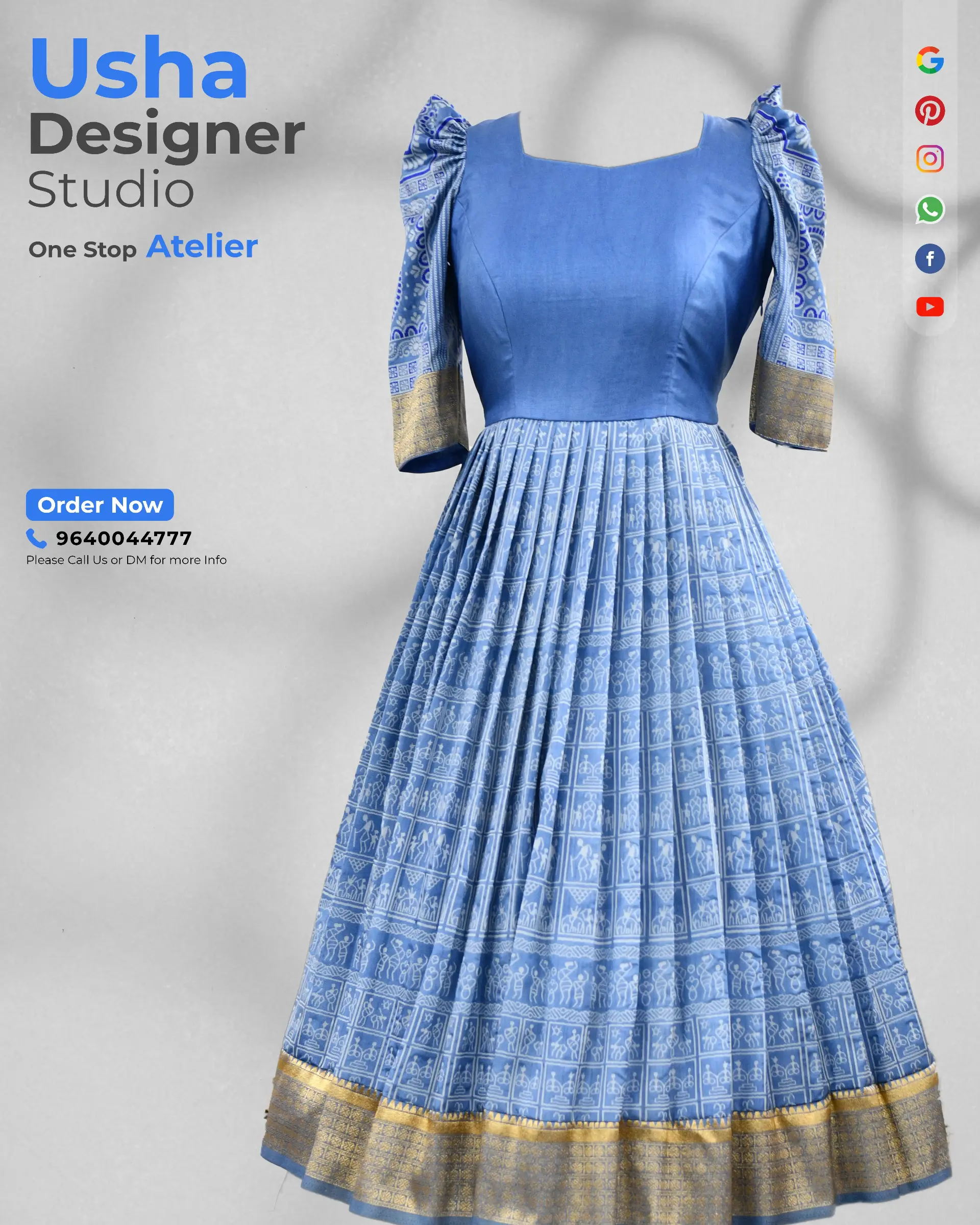 Sky Blue Pleated Frock with Tribal Motifs and Puff Sleeves Structured in soft pleats, this sky blue frock features tribal-inspired block prints, puff sleeves, and zari borders. A contemporary blend of ethnicity and elegance for festive evenings or cultural events.