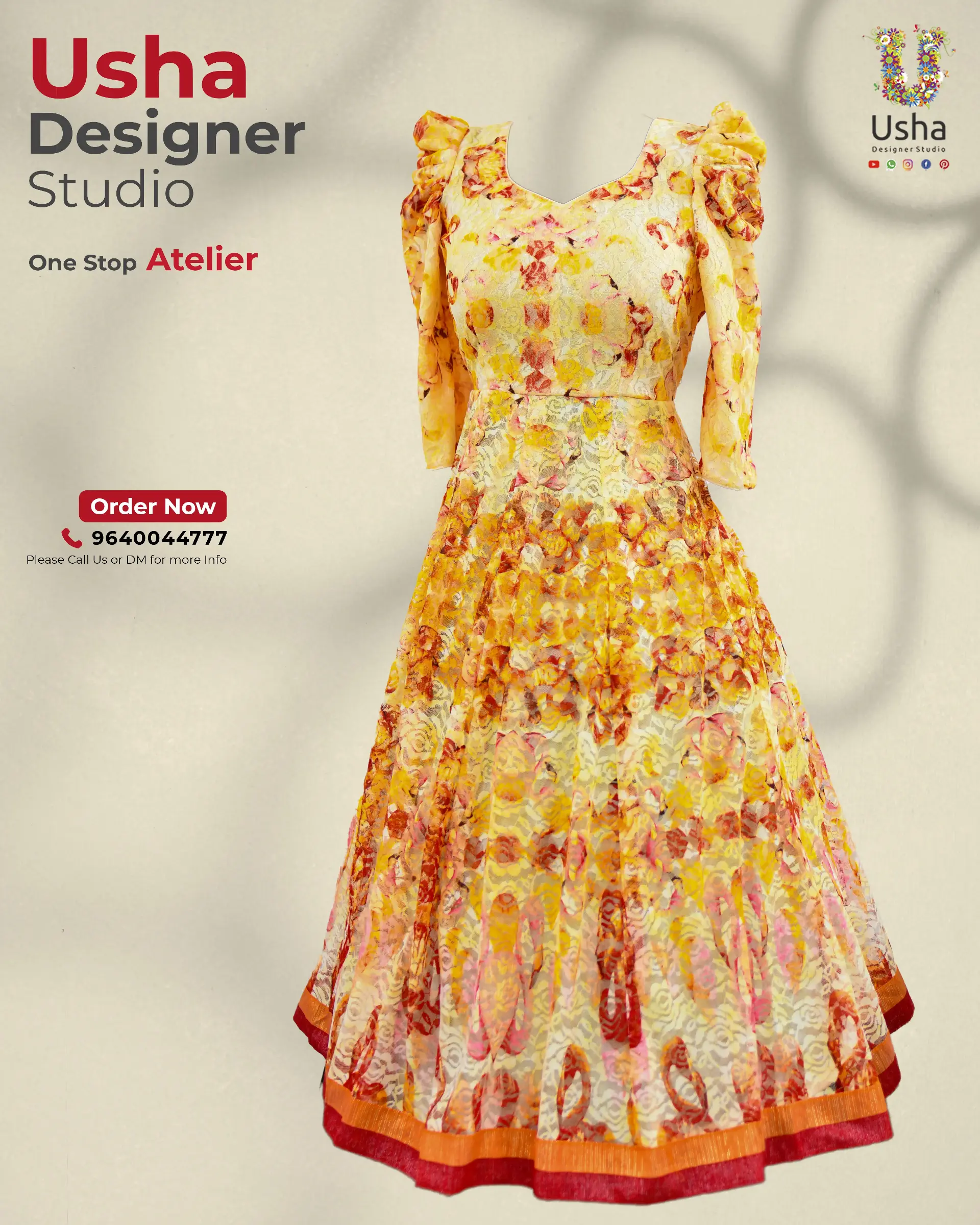 Golden Rose Frock with Multicolor Print and Puff Sleeve Finish Amber Indo-Western frock with floral texture, pleated skirt, puffed shoulders and warm-toned hem by Usha Designer Studio