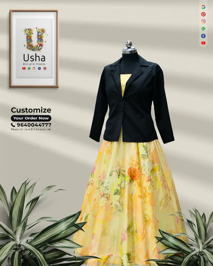 Floral georgette long frock with sleeveless design and heavy ghera, paired with a Lycra blazer overcoat, custom-made by Usha Designer Studio.