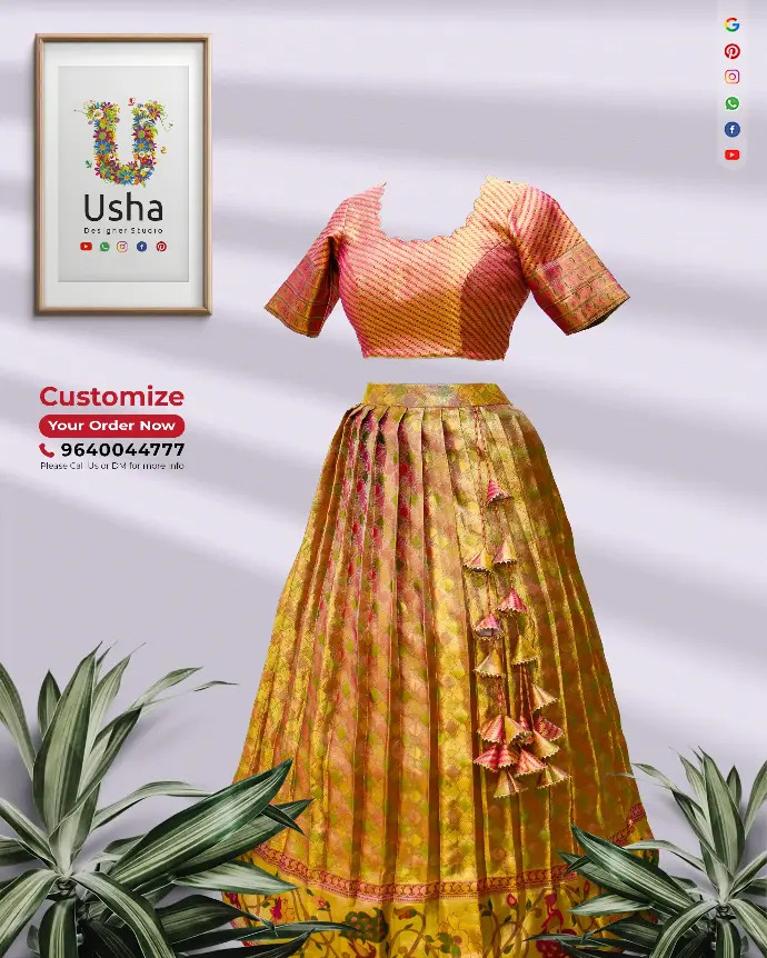 Pure Kanchi Pattu Saree curated into a crop top lehenga with scalloped U-neck, long sleeves blouse, and pleated lehenga adorned with handcrafted heavy latkans by Usha Designer Studio.