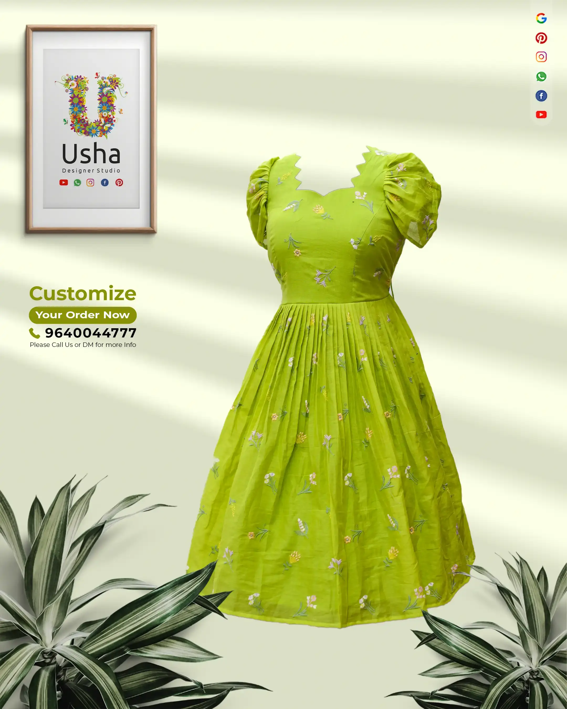 Lime Blossom Elegance – Scalloped Neck Indo-Western Cotton Frock Lime green Indo-Western frock with scalloped V-neckline, pastel floral embroidery, pleated mega sleeves, and box pleats at the waist, designed by Usha Designer Studios.
