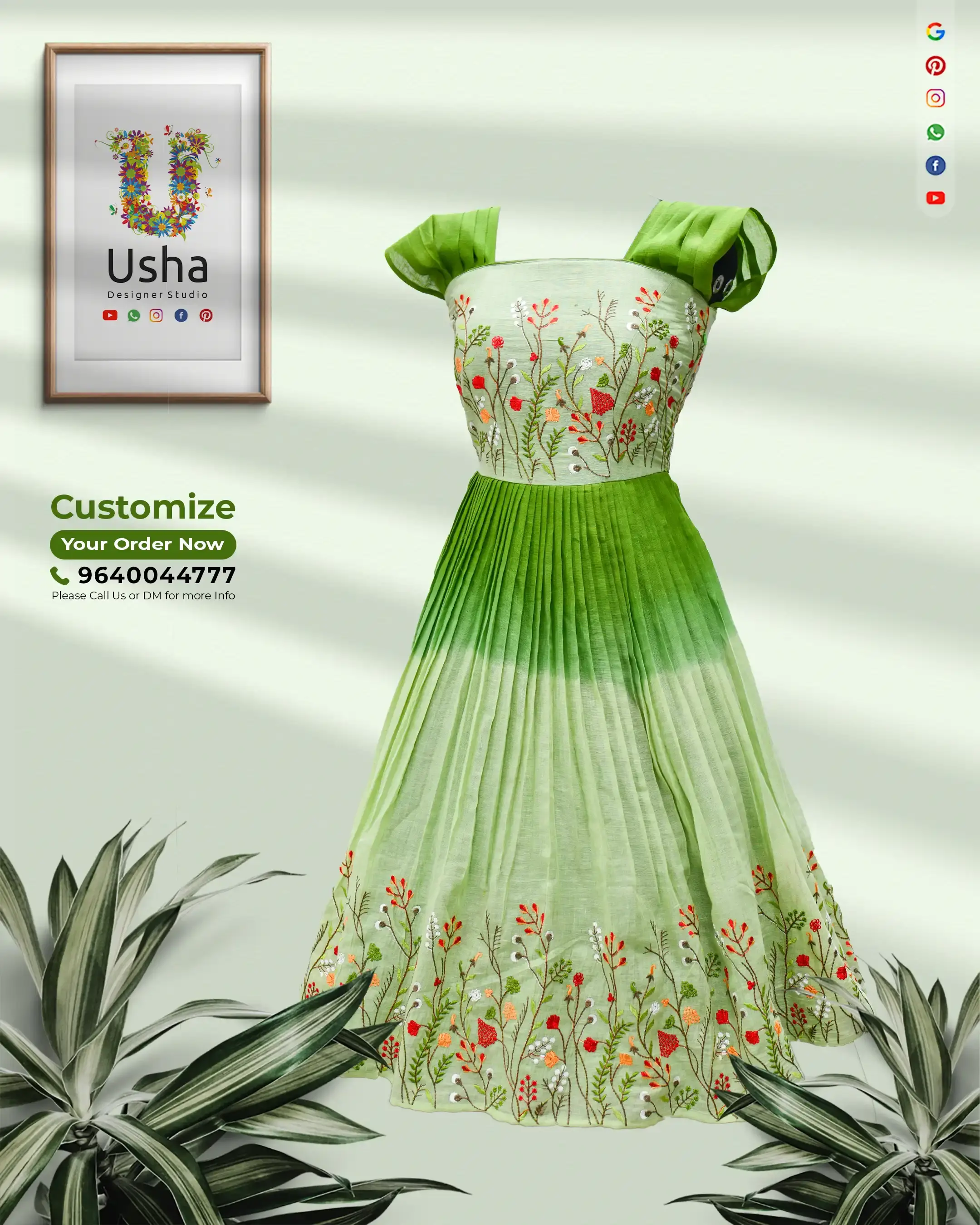 Indo-Western Pleated Frock with Seamless Floral Embroidery Ombre mint green Indo-Western pleated frock with floral embroidery and pleated sleeves, designed by Usha Designer Studios.