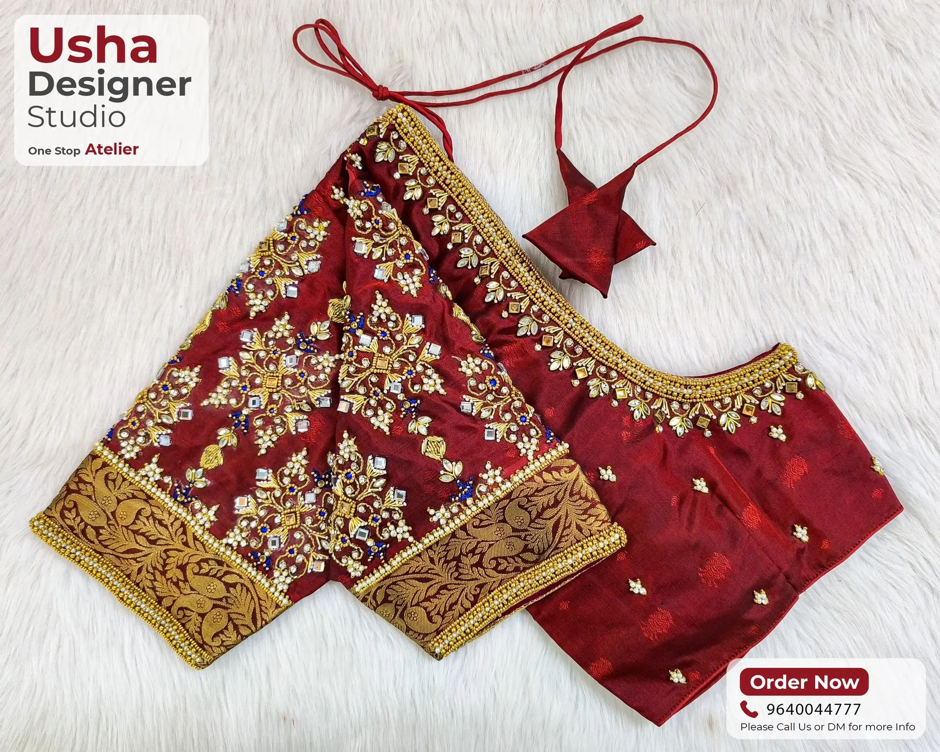 Bridal Aari work blouse in deep maroon with gold zari embroidery, mirror embellishments, and pearl detailing, crafted by Usha Designer Studio