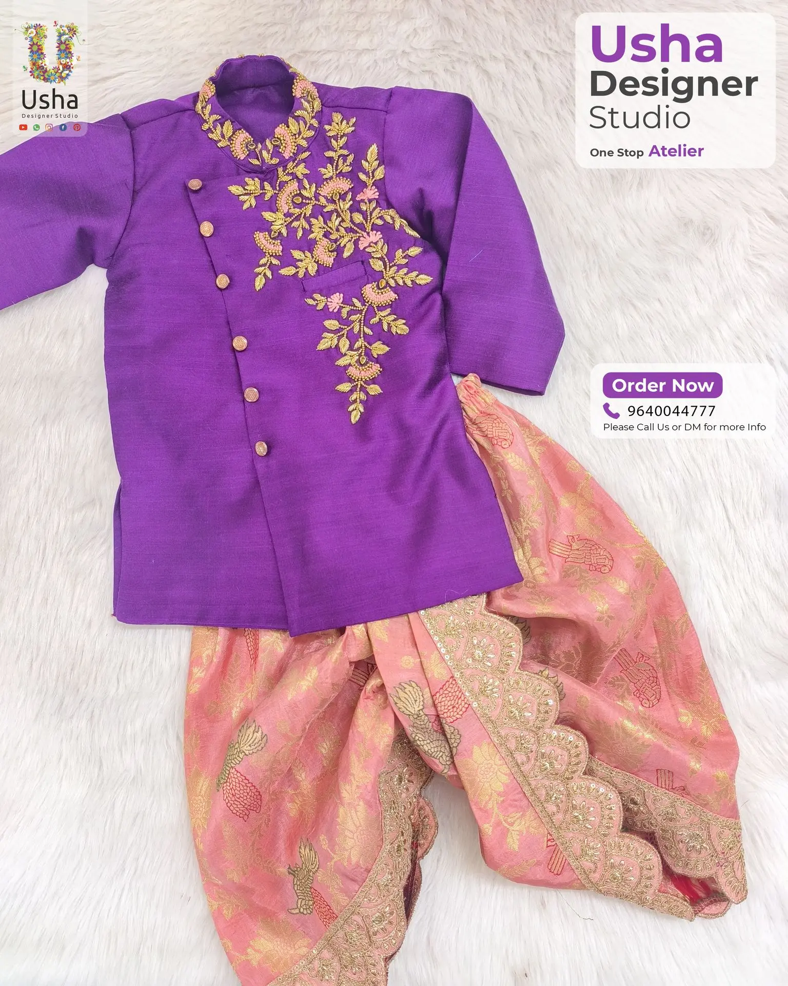 Kids traditional violet kurtha with floral Aari embroidery and peach zari border dhoti, handcrafted by Usha Designer Studio.