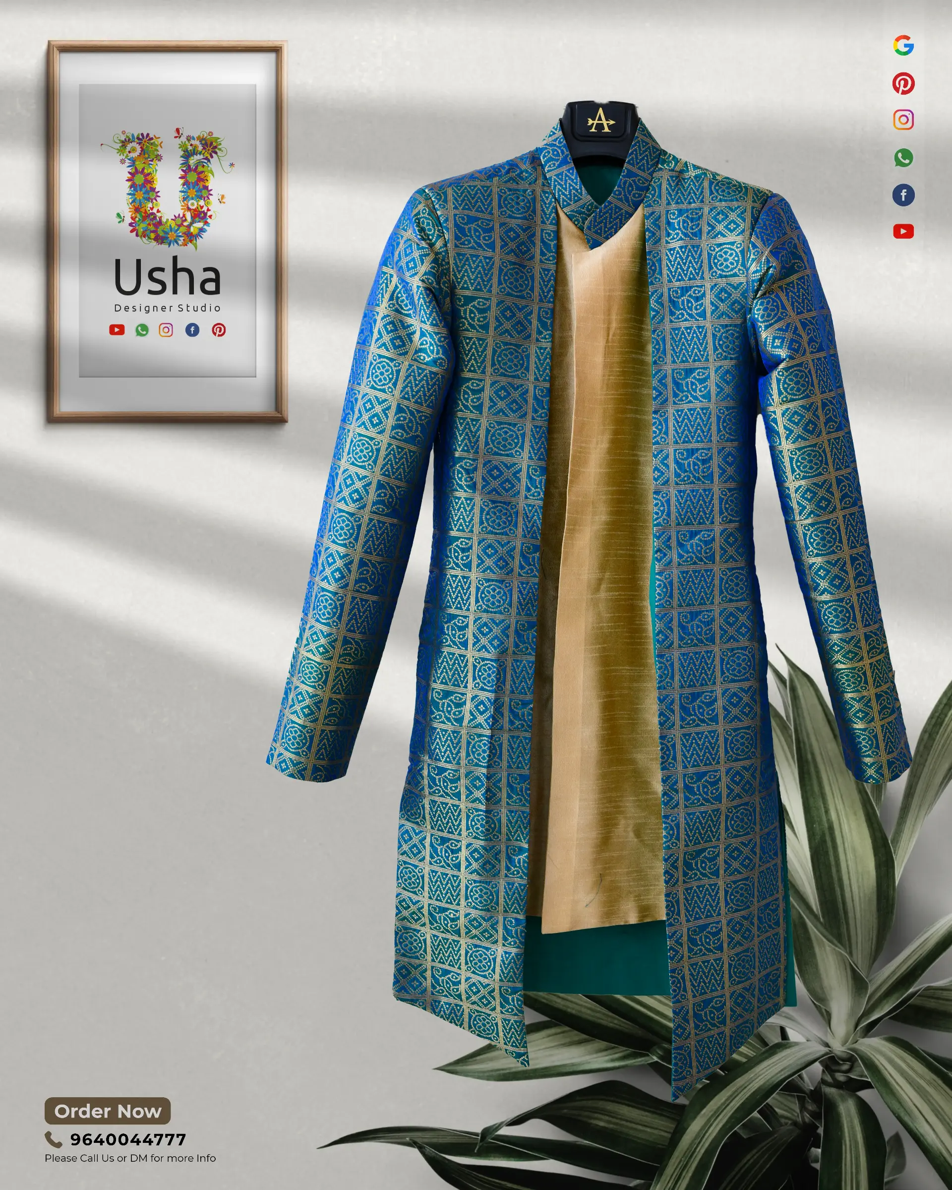 Contemporary men's Sherwani set made with premium Peacock Green Pure Banaras fabric and Beige Raw Silk, tailored by Usha Designer Studios for a luxurious and sophisticated look, perfect for office events, evening parties, and cocktail gatherings