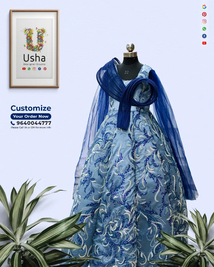 Royal blue custom kids ball gown with net sculpted yoke, intricate Aari embroidery, handcrafted embellishments by Usha Designer Studio, Vijayawada.