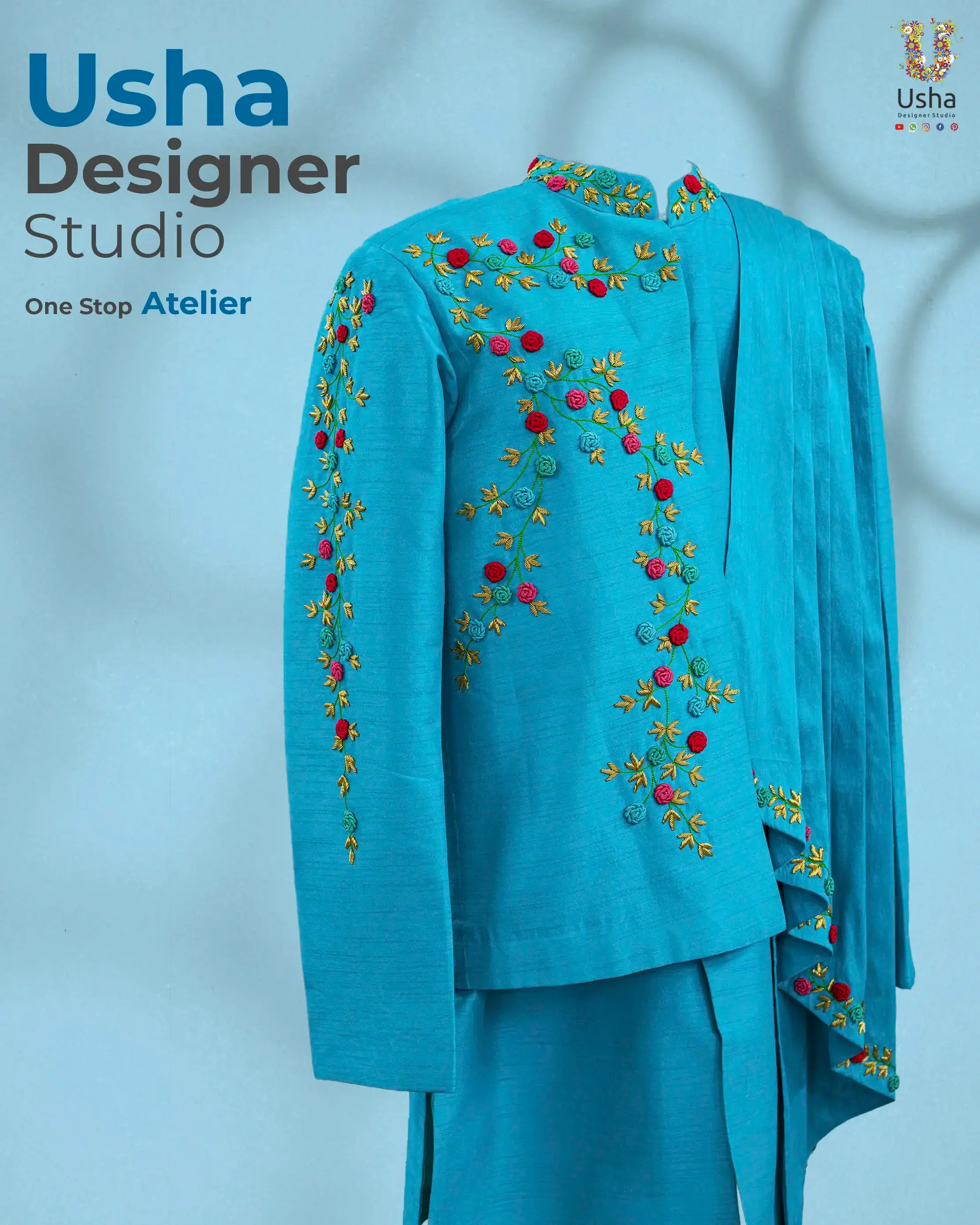 Tailor-made men’s sherwani crafted from pure raw silk, adorned with intricate floral Aari embroidery, French knots, Zardozi, and bead embellishments by Usha Designer Studio in Vijayawada. The sherwani is showcased in an elegant blue hue.