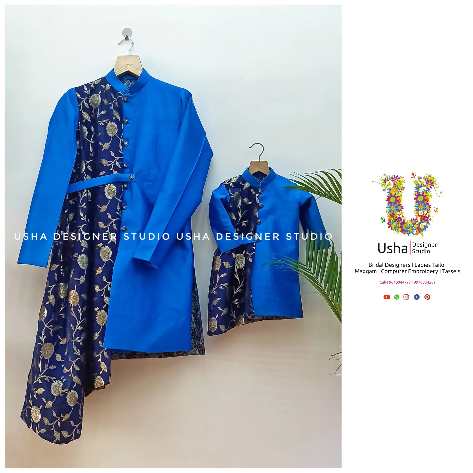 Exquisite men’s designer sherwani crafted from pure raw silk and traditional Banaras fabric, custom stitched by Usha Designer Studio in Vijayawada. The sherwani pairs a vibrant blue silk with a floral woven Banaras panel for a modern ethnic look.