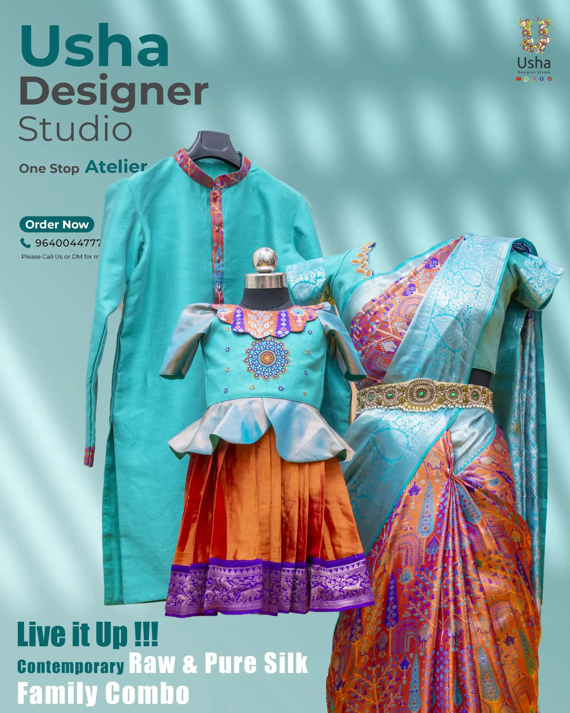 Premium men’s designer sherwani custom-tailored from pure raw silk and authentic Banaras fabric, beautifully crafted by Usha Designer Studio in Vijayawada. The sherwani showcases a refined blue raw silk base with elaborately woven Banarasi accents for a regal and stylish statement.