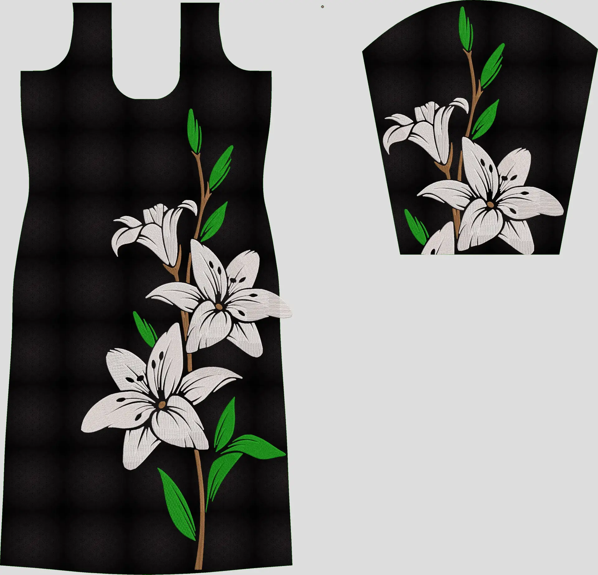 Usha Designer Studio presents a striking computer embroidery design showcasing white lily flowers and green foliage on a black fabric, ideal for ethnic wear like kurtis and sleeves.