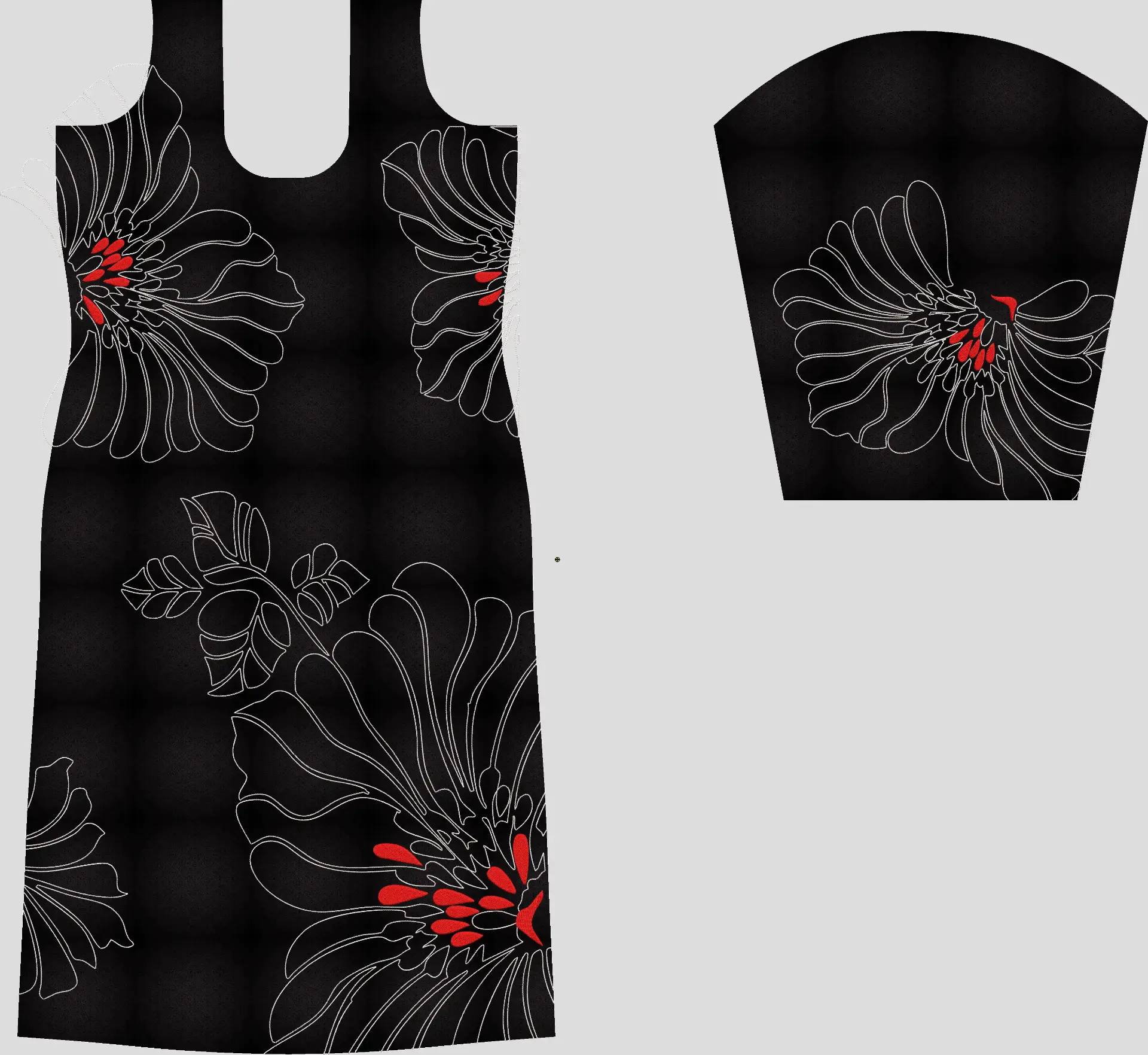 Usha Designer Studio computer embroidery design with prominent white outline flowers featuring red centers, and white outline leaves, on a black kurti and matching sleeve.