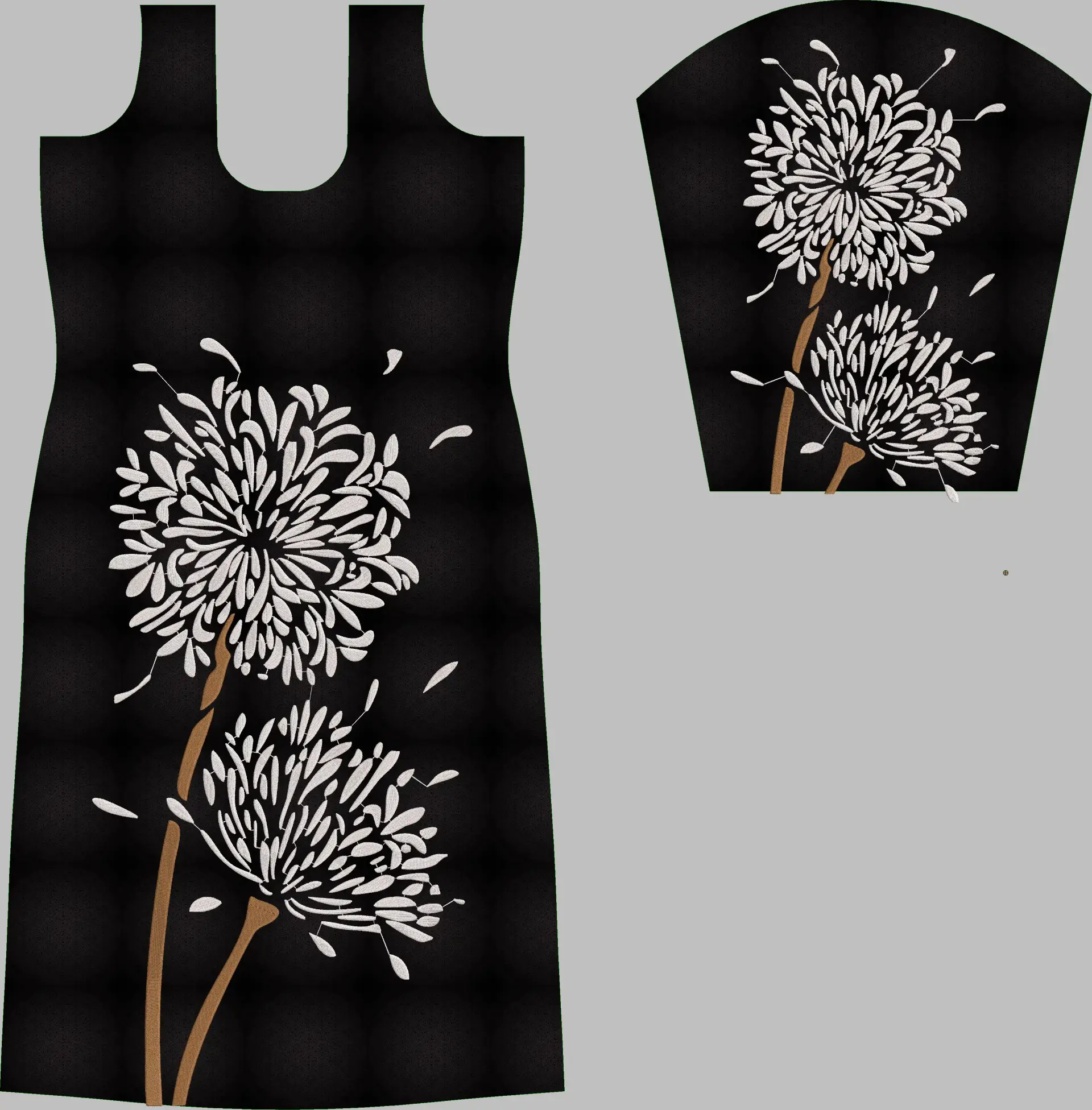 Usha Designer Studio computer embroidery design with stylized white dandelion puff flowers and floating seeds on brown stems, set against a black kurti and matching sleeve.