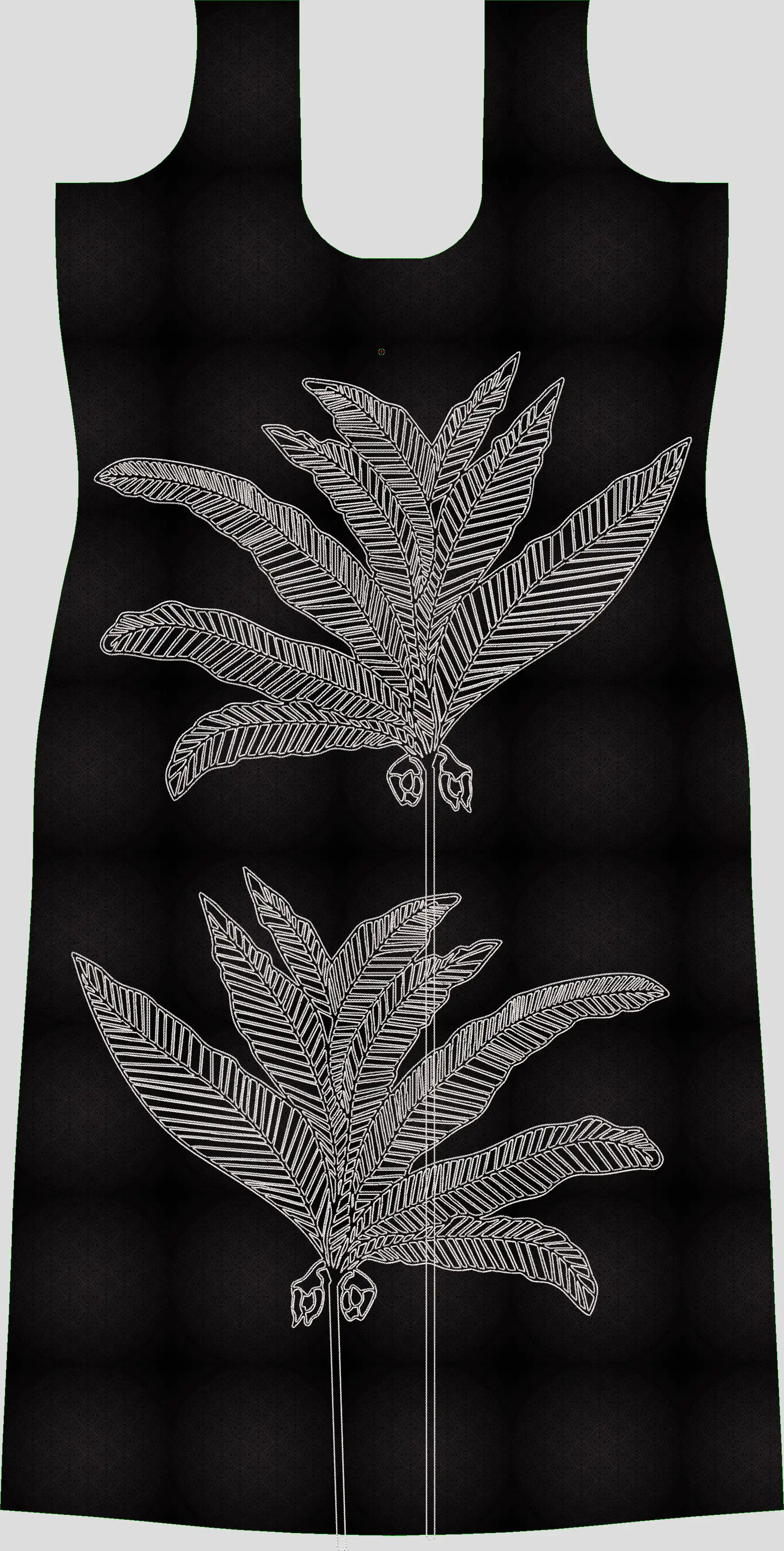 Usha Designer Studio computer embroidery design with two large, abstract white outline leaf patterns on a black kurti, ideal for modern ethnic wear.