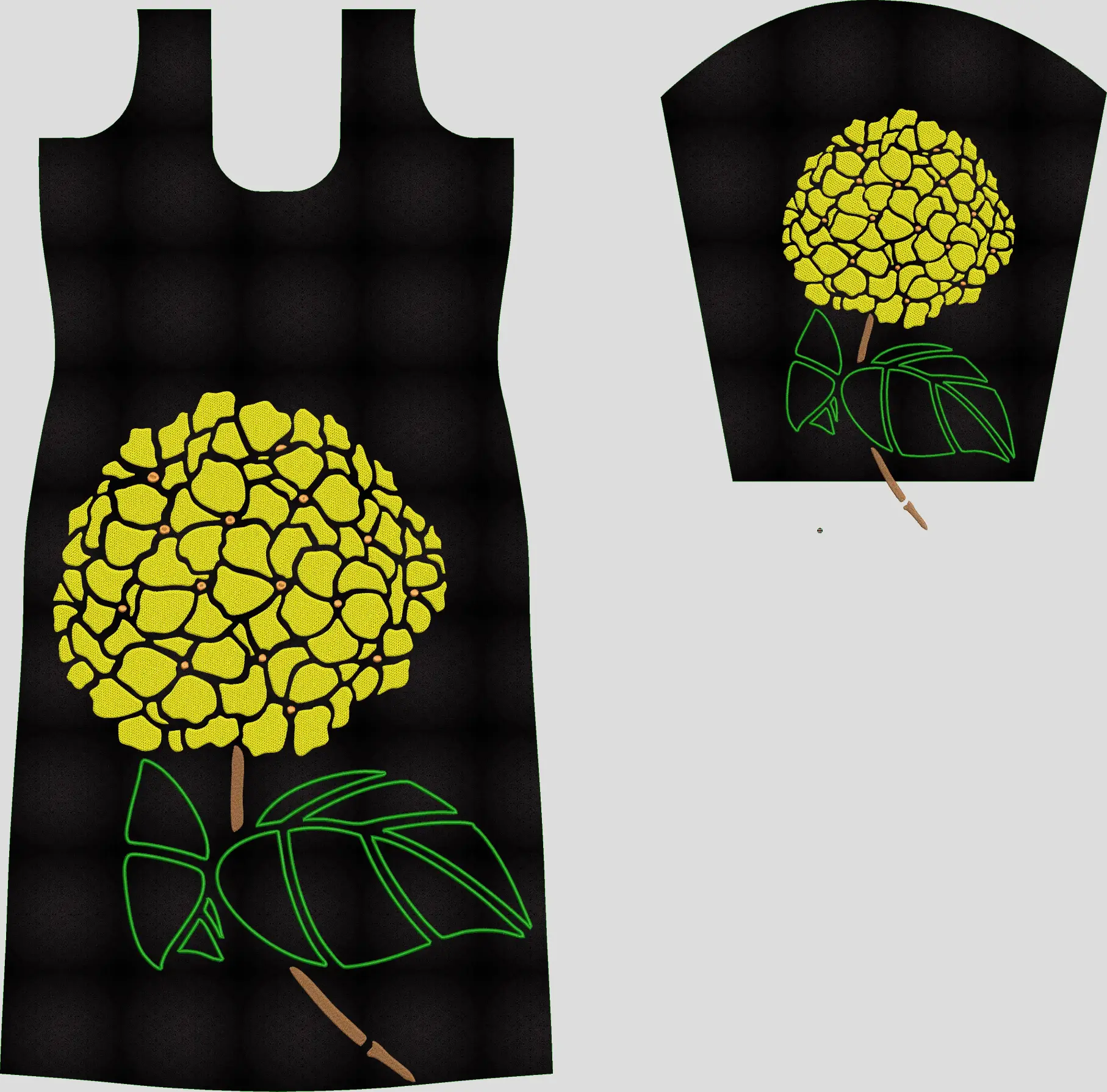 Usha Designer Studio computer embroidery design featuring a large, vibrant yellow hydrangea flower with green leaves and brown stem on a black kurti and matching sleeve.