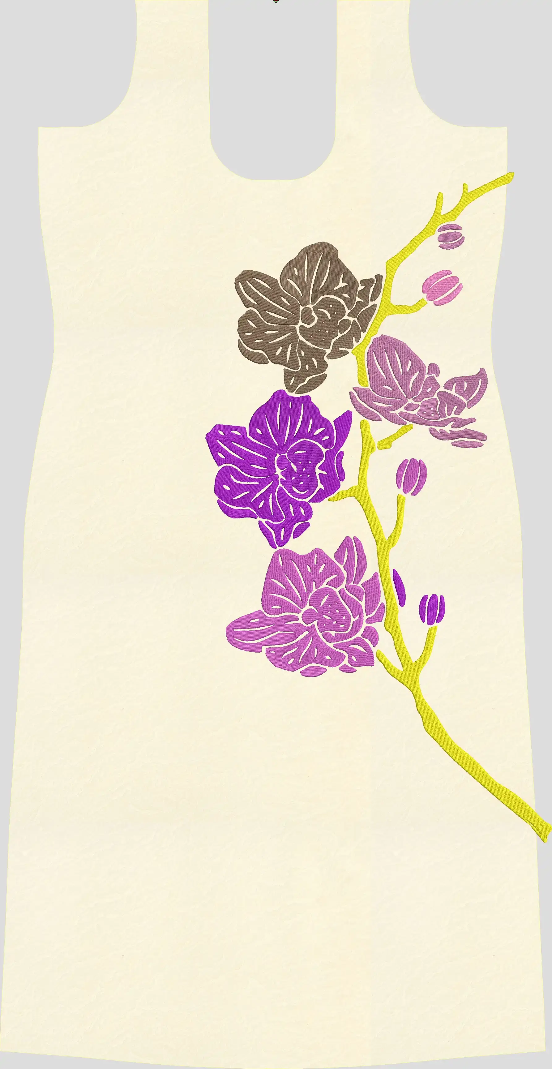 Usha Designer Studio computer embroidery design showcasing a modern arrangement of purple and brown orchid flowers on a yellow-green branch, on a light cream-colored fabric.