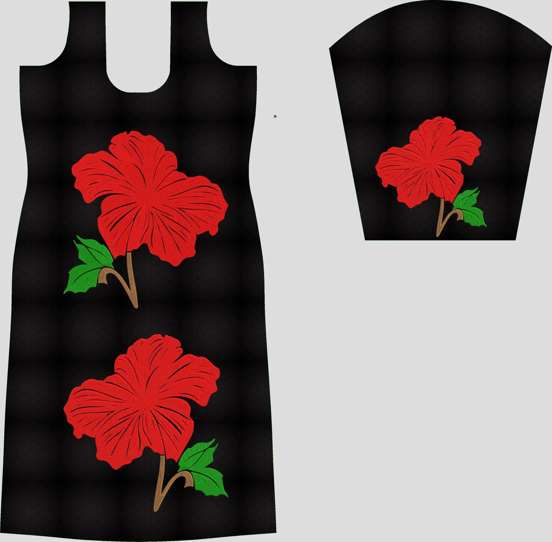 Usha Designer Studio computer embroidery design with bold red hibiscus flowers, green leaves, and brown stems on a black kurti and matching sleeve