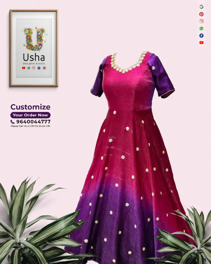 Tailor-made long frock in pink and purple ombré, transformed from a "Space Silk Saree" by Usha Designer Studio, featuring a diamond neck, full sleeves, and flowy ghera with small embellishments.