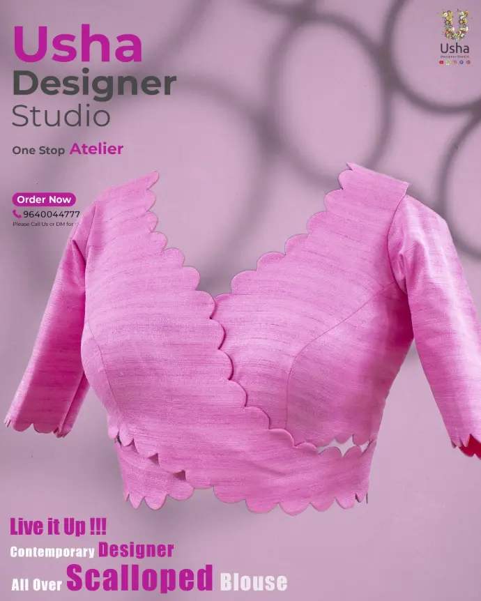 Pink All Over scalloped-edge designer blouse by Usha Designer Studio, featuring custom tailoring and contemporary all-over scallop detailing.