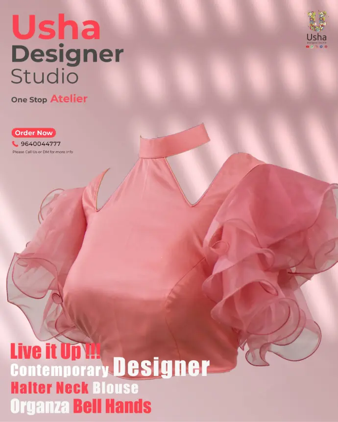 Peach pink contemporary halter neck designer blouse with layered organza bell sleeves by Usha Designer Studio