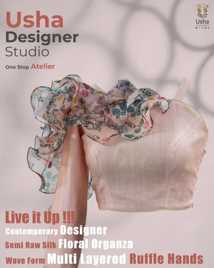 Pastel semi-raw silk blouse with multi-layered floral organza ruffle sleeves, created by Usha Designer Studio for contemporary custom tailoring.