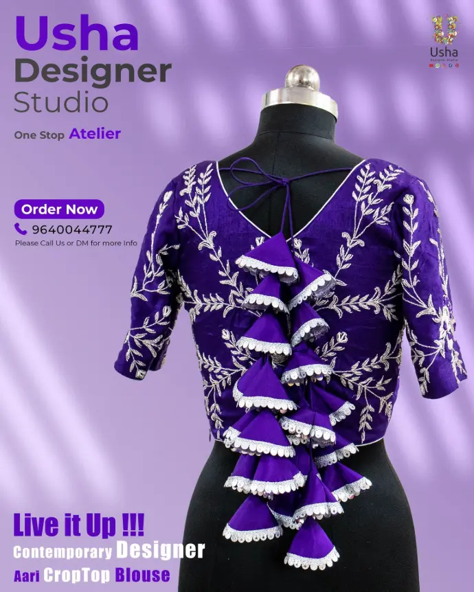 Exclusive purple custom Aari embroidered crop top blouse with unique ruffle back and floral patterns from Usha Designer Studio, showcasing personalized craftsmanship and modern tailoring.