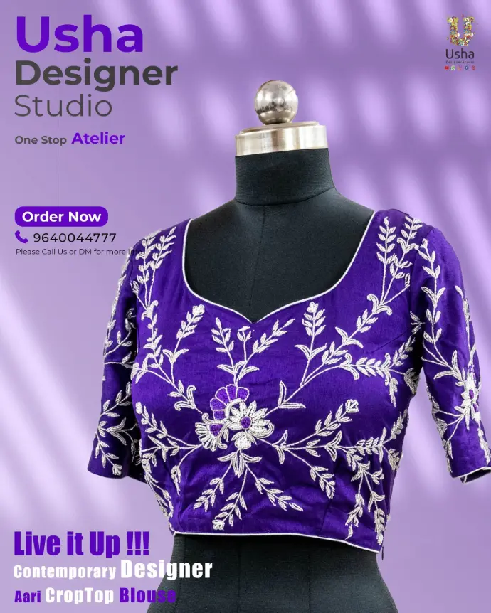 Exclusive purple custom Aari embroidered crop top blouse with unique ruffle back and floral patterns from Usha Designer Studio, showcasing personalized craftsmanship and modern tailoring.