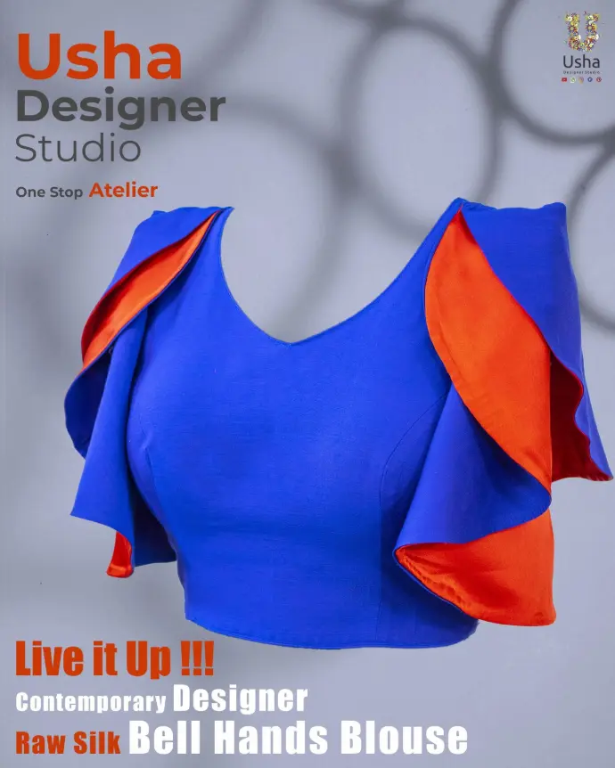 Bold blue and orange raw silk blouse with dramatic bell hands sleeves, custom-designed by Usha Designer Studio for contemporary fashion and bespoke tailoring.