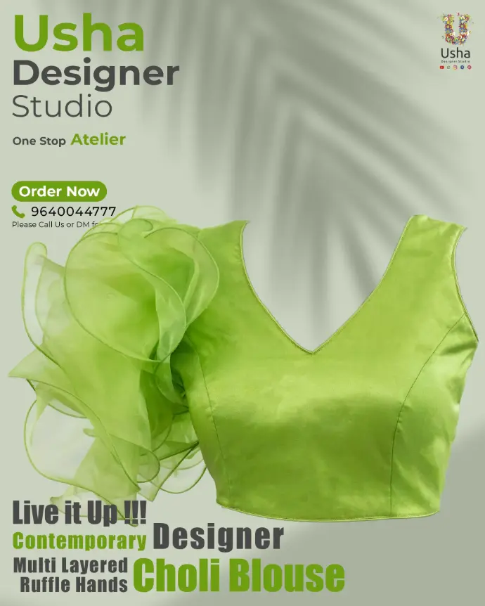 Lime green contemporary choli blouse with dramatic multi-layered organza ruffle sleeve, handcrafted by Usha Designer Studio