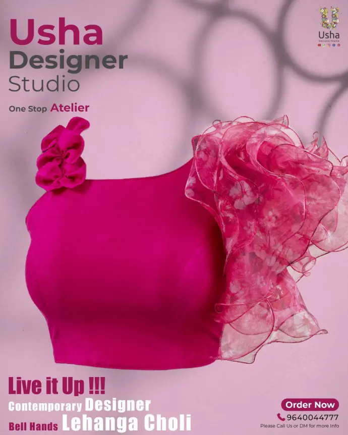 Hot pink custom designer lehenga choli blouse with dramatic organza bell hands, handcrafted by Usha Designer Studio for modern festive occasions.