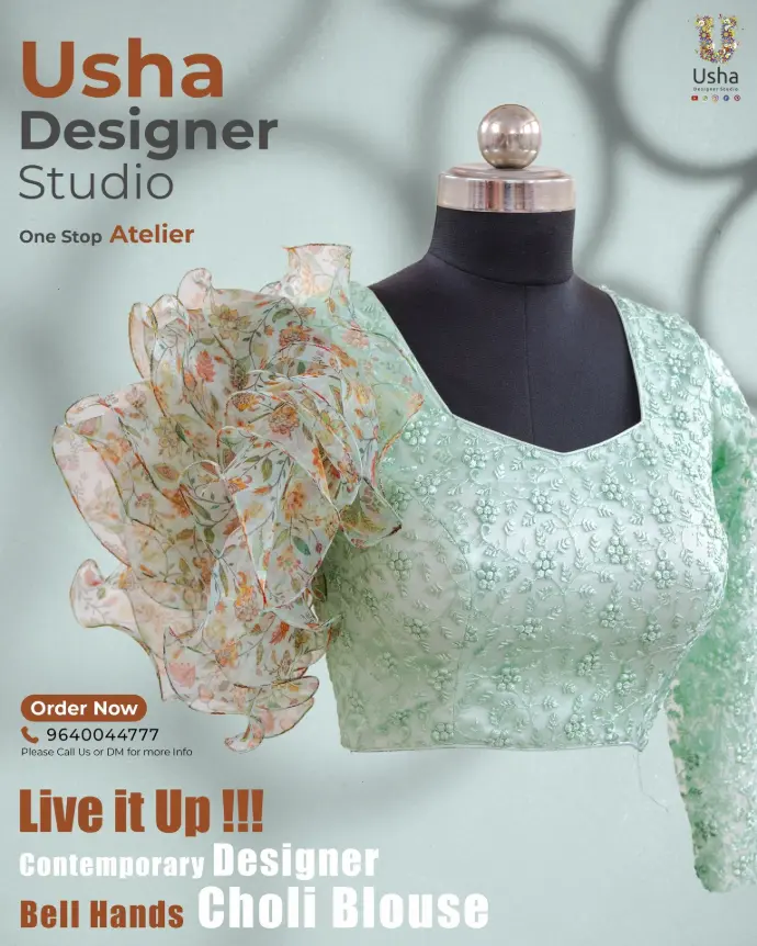 Mint green contemporary designer choli blouse with self-embroidered patterns and dramatic floral organza bell hands, expertly tailored by Usha Designer Studio.
