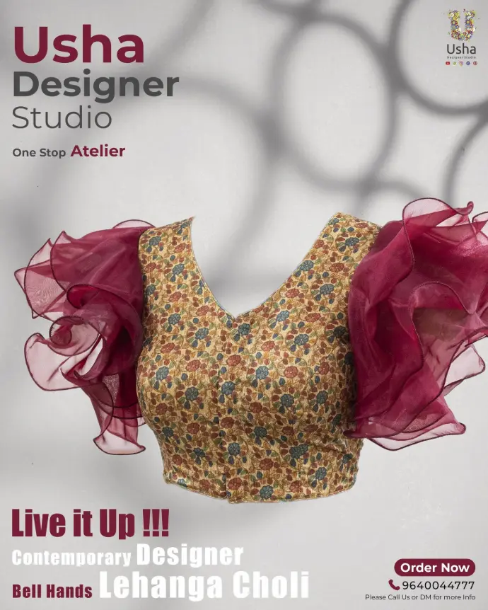 Custom floral print lehenga choli blouse with dramatic maroon organza bell hands, handcrafted by Usha Designer Studio for a unique, contemporary designer statement.