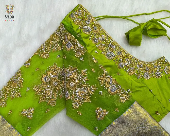 Vibrant Green Bridal Maggam Works by Usha Designer Studio