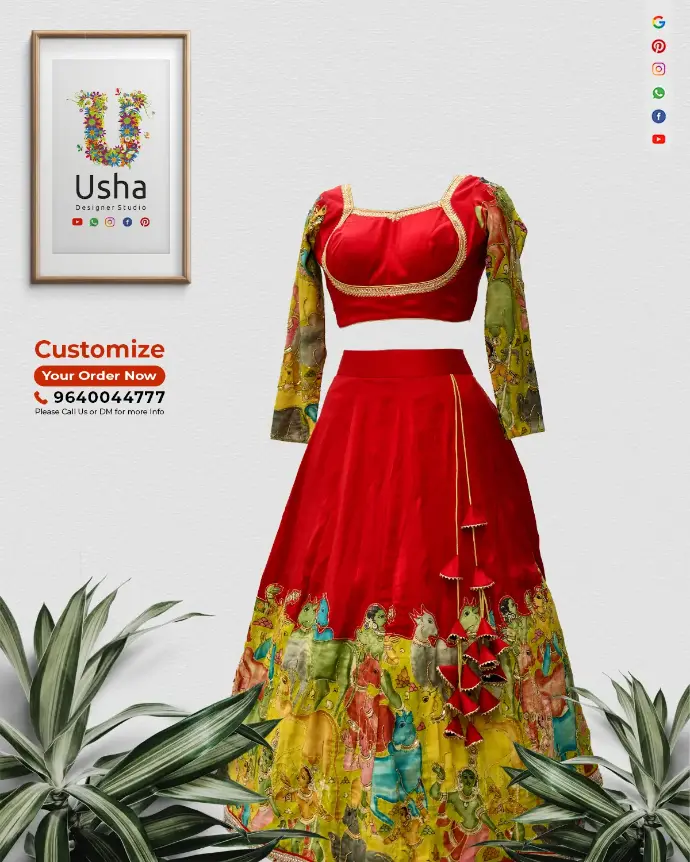 Red Crop Top Lehenga; Kalamkari Printed Lehenga; Designer Mythical Lehenga; Usha Designer Studio Custom Outfit; Kids Lehenga with Long Sleeves; Traditional Red Silk Lehenga; Ethnic Crop Top Sets India; Girls Designer Festival Wear; Handcrafted Tassel Lehenga; Printed Crop Lehenga