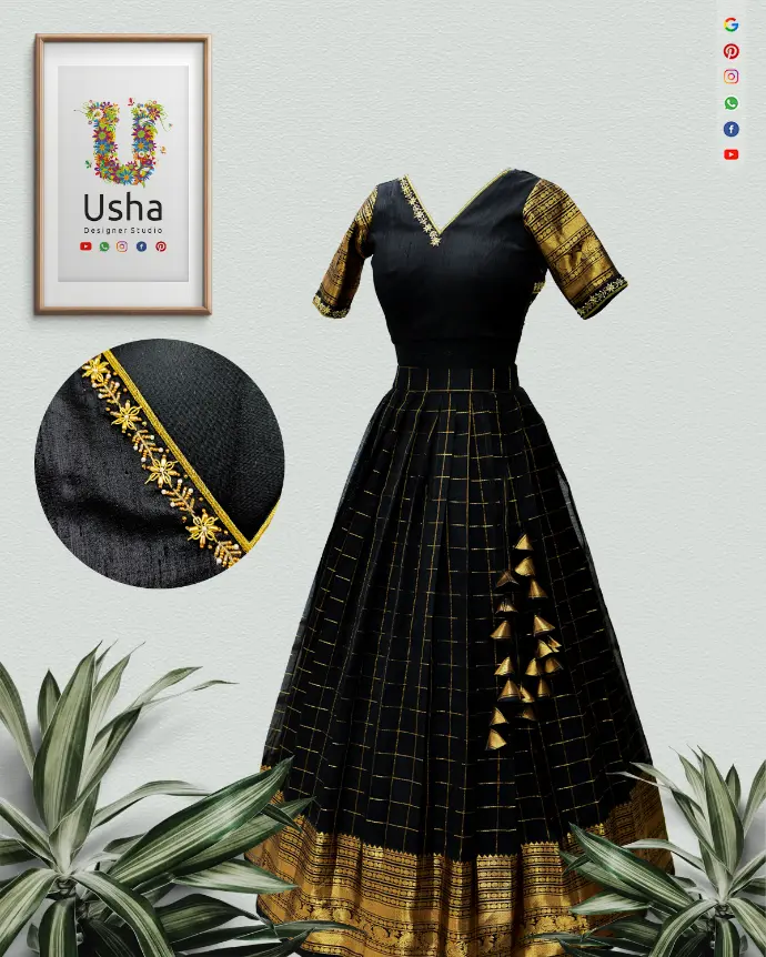 Bespoke black and gold Kuppadam Pattu crop top lehenga by Usha Designer Studio. Features a V-neck top with Aari work, pleated lehenga skirt with gold border, and heavy hand-crafted latkans.