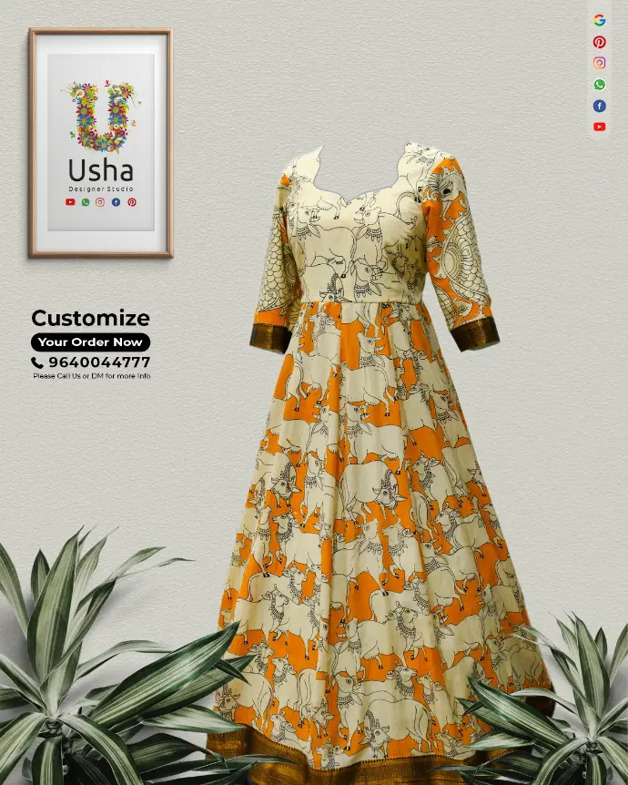 Tailor-made long frock in cream and orange with Pichwai cow print on cotton fabric. Features a heart neckline, bracelet sleeves, and kalli cut ghera, designed by Usha Designer Studio.