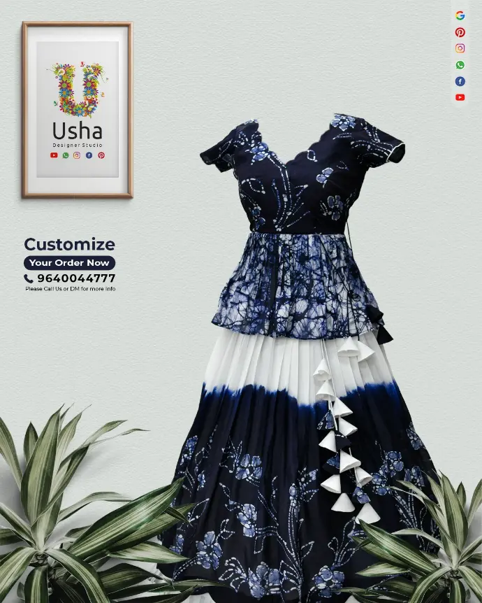 Tailor-made peplum crop top lehenga in navy blue and white shibori print, crafted from a saree by Usha Designer Studio. Features a scalloped V-neckline, scalloped lehenga hemline, and heavy handcrafted latkans.