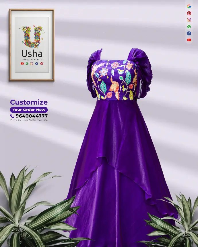 Purple long frock with balloon sleeves, U-neck, and multi-layered ghera, custom-made from Kalamkari and Space Silk fabric by Usha Designer Studio.