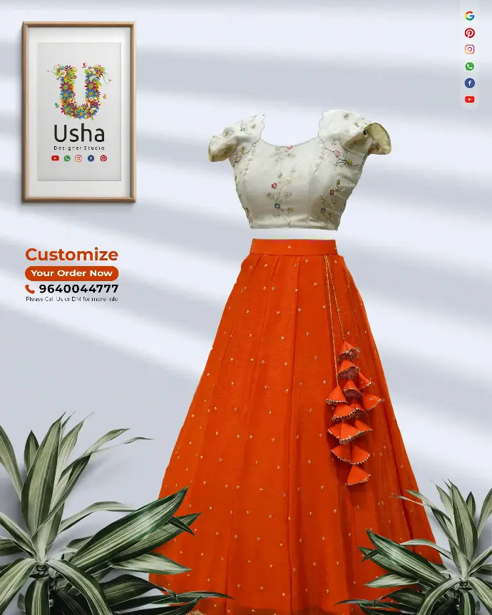Scallop-edged designer crop top lehenga in off-white floral embroidered choli with tangerine orange georgette lehenga featuring mirror embroidery and cascading latkans, designed by Usha Designer Studios.