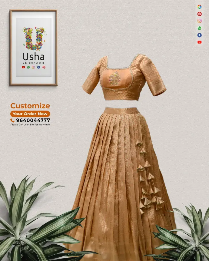 Peach Gold Tissue Saree transformed into a modern crop top lehenga with hand-crafted aari work on the choli blouse by Usha Designer Studio, Vijayawada.